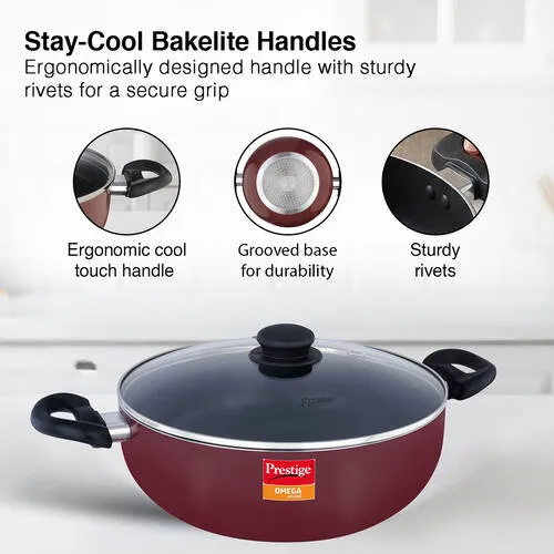 Prestige Omega Deluxe Aluminium Non-Stick Round Base Deep Kadai with Glass Lid 28cm (Red) - Alternate View